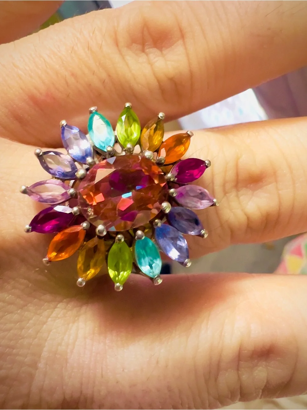 Multicolor Sunburst Gemstone Statement Ring - Size 10